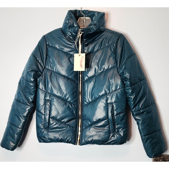 Jessica Simpson Tween Girls Puffer Jacket Teal Blue Chevron Size M 10/12 NWT - Picture 1 of 10
